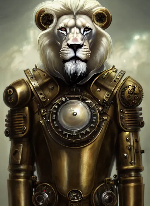 Prompt: an anthromorphic male white lion in a steampunk cybersuit, diffuse lighting, fantasy, highly detailed, photorealistic, digital painting, artstation, illustration, concept art, smooth, sharp focus, in the style of tom bagshaw