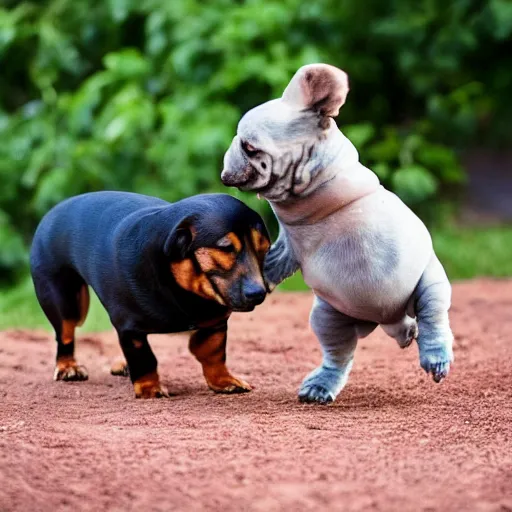 Image similar to A tardigrade and a daschund play together in a dog park