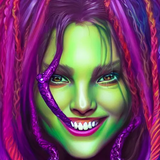 Image similar to medusa portrait painting, vibrtant, colorful, wicked smile, artstation, detailed, blurred background