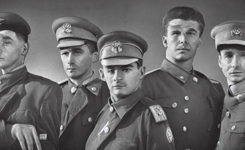 Prompt: 50s movie still close-up portrait of three soviet officers with very detailed faces in a stalinist style hall, by Alexei Guerman, Cinestill 800t 35mm black and white, heavy grainy picture, very detailed, high quality, 4k, HD criterion, precise texture, diverse faces, diverse haircuts, diverse ages, each faces precisely define