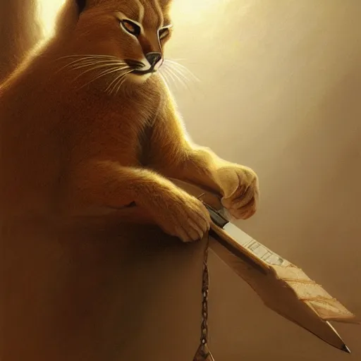 Prompt: sad caracal holding huge pencil, atmospheric lighting, intricate, volumetric lighting, digital art, highly detailed by gaston bussiere, craig mullins, j. c. leyendecker 8 k