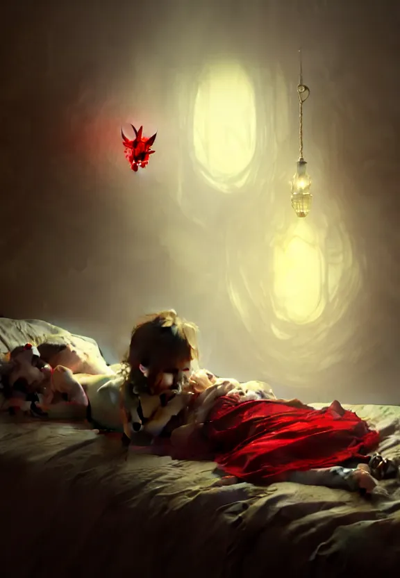 Image similar to a smoke demon with red eyes floating above the bed of a sleeping child, fantasy magic, dark light night, intricate, elegant, sharp focus, illustration, highly detailed, digital painting, concept art, matte, art by wlop and artgerm and greg rutkowski and alphonse mucha, octane render, 4 k, masterpiece