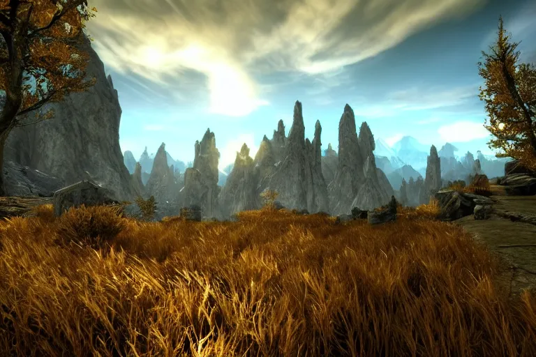 Prompt: fantasy world, skyrim, ultra realistic!!!, clear weather, golden hour, sharp focus