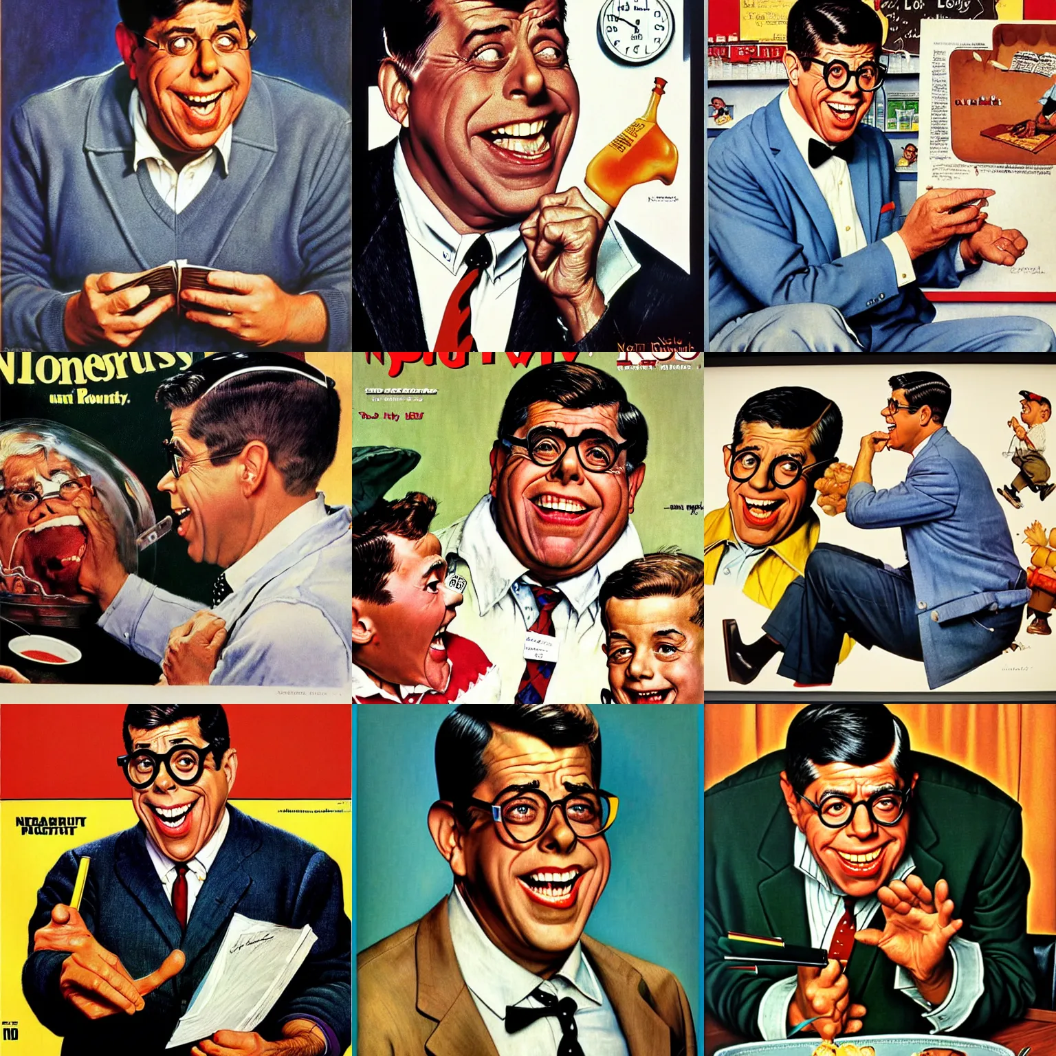 Prompt: 1964 Jerry Lewis Nutty Professor, by Norman Rockwell, vibrant, hyperrealistic