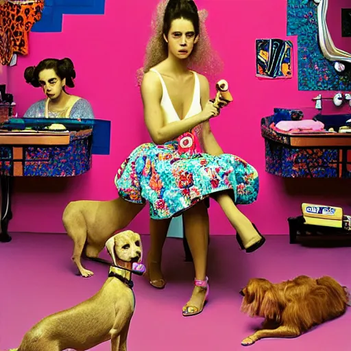 Prompt: a studio portrait of a beautiful fashion model that is curling her hair and hir dogs in the curls. surreal photograph, toiletpaper magazine, 3 5 mm photograph, colourful, by pierpaolo ferrari, maurizio cattelan, sandy skoglund