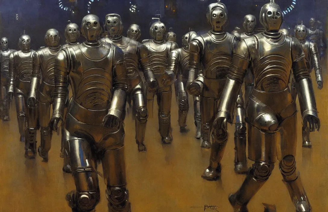 Image similar to march of the cybermen, detailed painting, epic lighting, by ilya repin, phil hale and kent williams