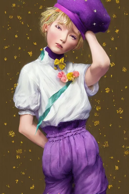 Image similar to Full View girl with short blond hair wearing an oversized purple Beret, Baggy Purple overall shorts, Short Puffy pants made of silk, silk shoes, a big billowy scarf, Golden Ribbon, and white leggings Covered in stars. covered in embroidery. Short Hair. peasant magic. masterpiece 4k digital illustration by Ruan Jia and Mandy Jurgens and Artgerm and william-adolphe bouguereau, award winning, Artstation, art nouveau aesthetic, Alphonse Mucha background, intricate details, realistic, panoramic view, Hyperdetailed, 8k resolution, intricate art nouveau