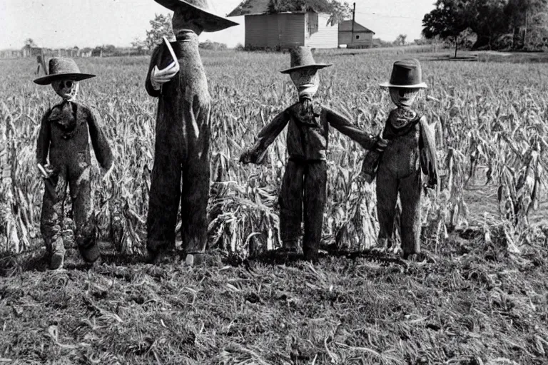 Image similar to disturbing scarecrow from the early 1 9 0 0's leading children into the cornfields