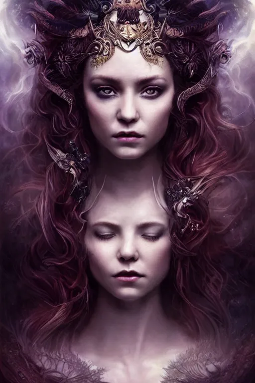 Image similar to majestic and regal portrait of a beautiful young female poison goddess!!, intricate, epic, elegant, menacing, fantasy, highly detailed, digital painting, hard focus, beautiful volumetric lighting, epic light, ultra detailed, souls, smoke, by leesha hannigan, ross tran, thierry doizon, kai carpenter, ignacio fernandez rios