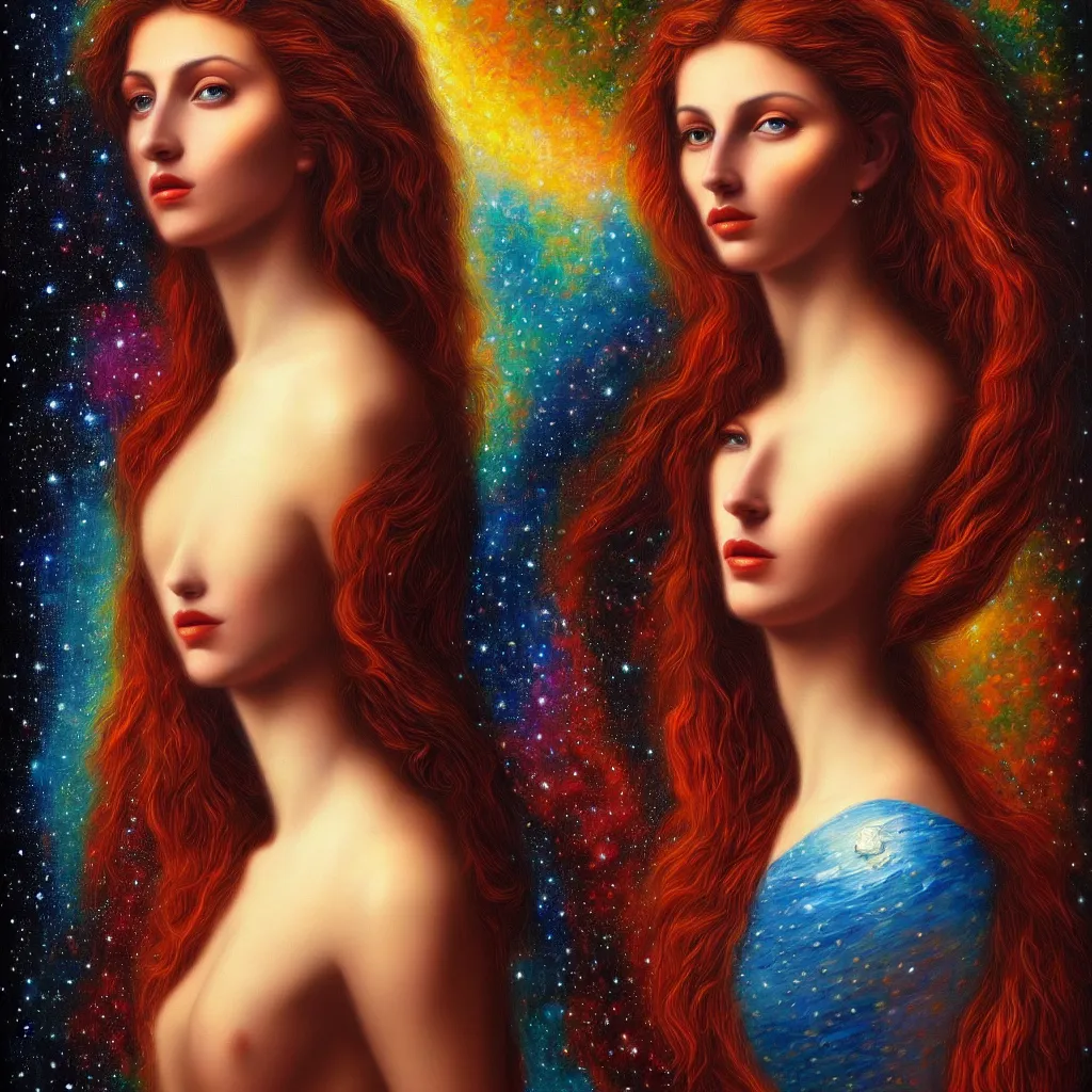 Prompt: the most beautiful woman in the universe, masterpiece oil painting, deviant art, 8 k, extremely complex, intricate, bold,