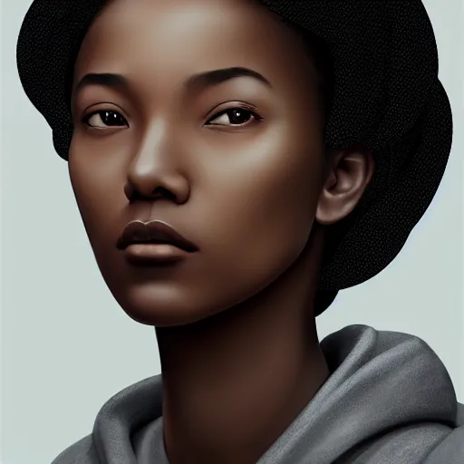 Prompt: portrait of a black asian woman - alyx vance wearing a gray hoodie, sci - fi, intricate, elegant, highly detailed, digital painting, artstation, concept art, smooth, sharp focus, illustration, by bartek fedyczak, erak note, tooth wu, neil richards, kan liu, siwoo kim, jisu choe