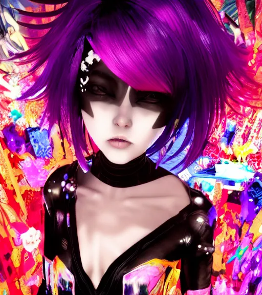 Prompt: very beautiful maximalist portrait painting of a black bobcut hair style industrial goth magical girl in a blend of manga - style art, augmented with vibrant composition and color, all filtered through a cybernetic lens, by hiroyuki mitsume - takahashi and pixar, unreal 5, daz, hyperrealistic, octane render, dynamic lighting, flashy modern background