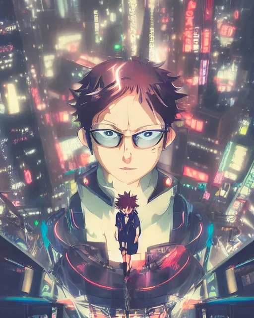 Image similar to portrait of a dream guide in night tokyo by makoto sinkai, my hero academia,cyberpunk, greg rutkowski, perfect face, fine details