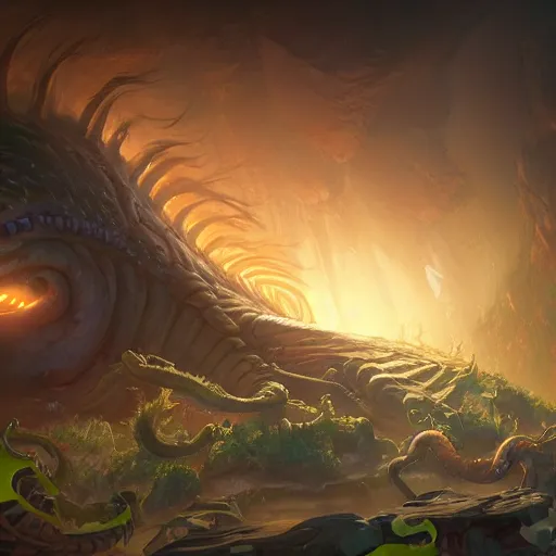 Image similar to a giant earthworm, worm monster, worm mouth, rock and dust, earthworm brown theme, bright art masterpiece artstation. 8 k, sharp high quality artwork in style of jose daniel cabrera pena and greg rutkowski, concept art by tooth wu, blizzard warcraft artwork, hearthstone card game artwork, earthworm rising from the ground