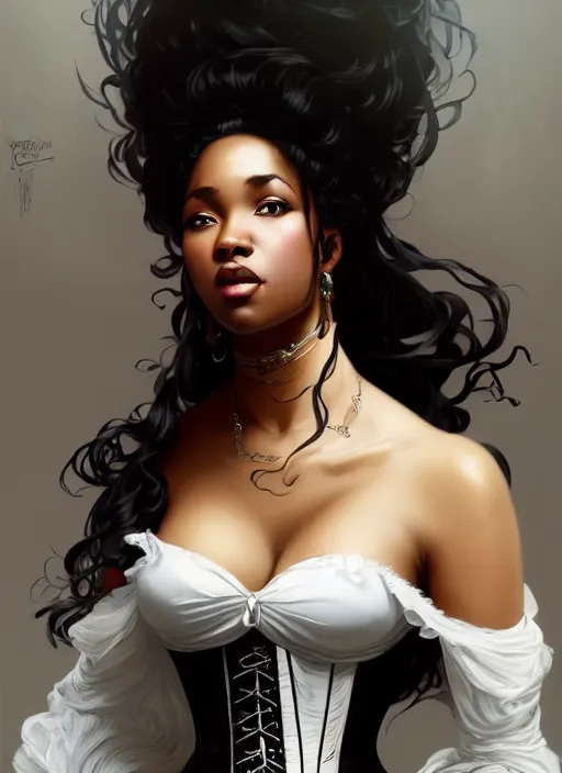 Image similar to cute black woman wearing a white corset dress, fantasy, intricate, highly detailed, digital painting, artstation, concept art, wallpaper, smooth, sharp focus, illustration, art by artgerm and greg rutkowski and alphonse mucha