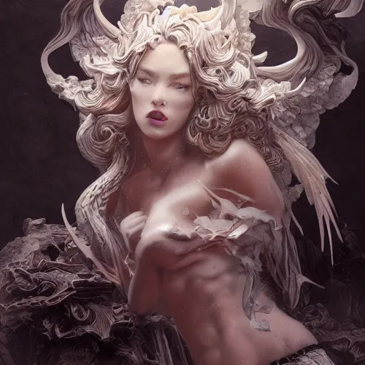 Image similar to female angel queen, white skin，beautiful，long hair，hyper details, black metal rococo, sculpted by Alex Alice, Craig Mullins, yoji shinkawa, trending on artstation, beautifully lit, Peter mohrbacher, hyper detailed, elite, elegant, luxury, ray of light through smoke, CGsociety, hypermaximalist, golden ratio, neofuture, volumetric, octane render, weta digital, micro details, 3d sculpture