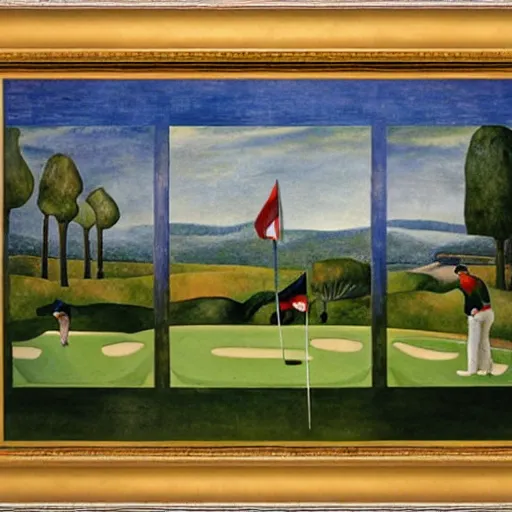 Image similar to Three golfers on a beautiful golf course driving range, by Diego Rivera