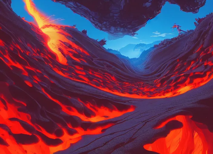 Prompt: a lava mountain landscape with giant alien hole opening into the underworld, dynamic shadows, dynamic lighting, ilya kuvshinov, kyoani, hiroaki samura, yoshinari yoh, james jean, katsuhiro otomo, erik jones, cel shaded, anime poster