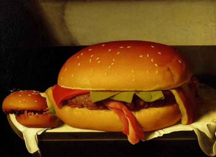 Prompt: a beautiful renaissance painting of a sweating young hamburger, sweet firm buns, in style of John Singer Sargant, still life, Velasquez, trending on artstation