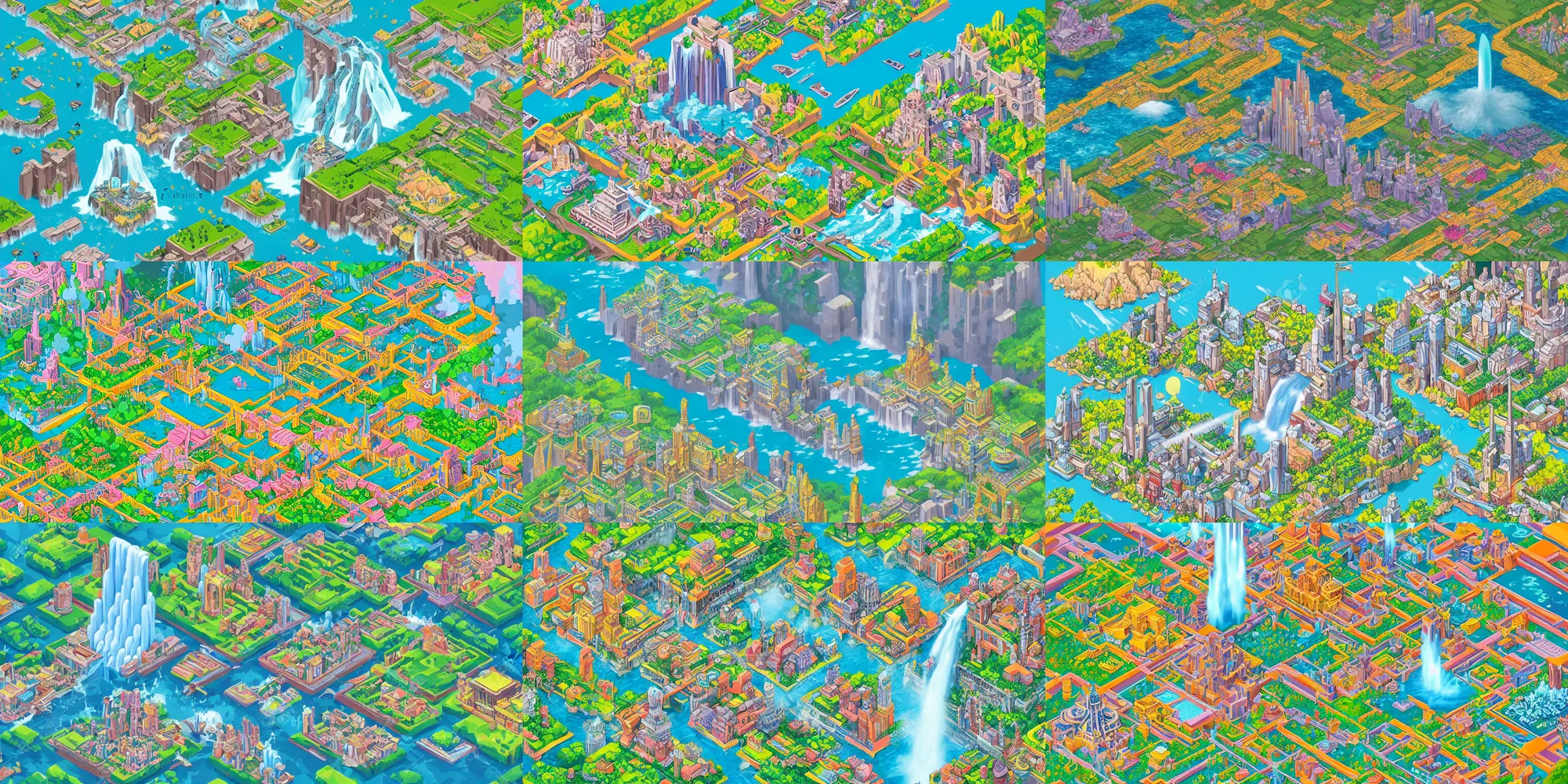 Image similar to isometric fantasy art of a giant waterfall city with tall skybridges and turrets, bold colors, detailed, by studio ghibli