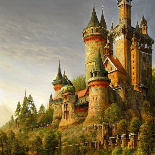 Prompt: a beautiful painting by a majestic medieval castle with hundreds of medieval knights, made of wood, by ivan shishkin and other ancient etch holds, hyperrealism digital art by Grosnez and Taro Okamoto