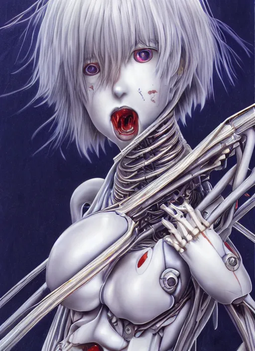 Image similar to Rei Ayanami by Yoshitaka Amano, by HR Giger, biomechanical, 4k, hyper detailed, hyperrealism, anime, a Blood Moon rising on a Broken World, deviantart, artstation