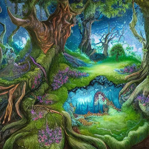 Prompt: an ultra detailed painting of a fantasy forest, nestled in the riverbank is a geode that is cracked open to reveal a witch's potions room in it