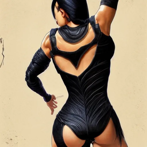 Image similar to full body portrait of kylie jenner as a mortal kombat x ninja character in a leotard, intricate, elegant, highly detailed, digital painting, artstation, concept art, smooth, sharp focus, illustration, art by artgerm and greg rutkowski and alphonse mucha