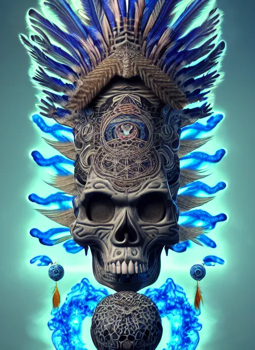 Image similar to 3 d shaman with tattoos profile portrait, sigma 5 0 0 mm f / 5. beautiful intricate highly detailed quetzalcoatl skull and feathers. bioluminescent, plasma, lava, ice, water, wind, creature, thunderstorm! artwork by tooth wu and wlop and beeple and greg rutkowski, 8 k trending on artstation,