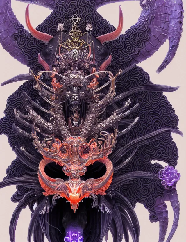 Image similar to 3 d goddess close - up profile satan biohazard portrait with crown, ram skull. beautiful intricately detailed japanese crow kitsune mask and clasical japanese kimono. betta fish, jellyfish phoenix, bio luminescent, plasma, ice, water, wind, creature, artwork by tooth wu and wlop and beeple and greg rutkowski