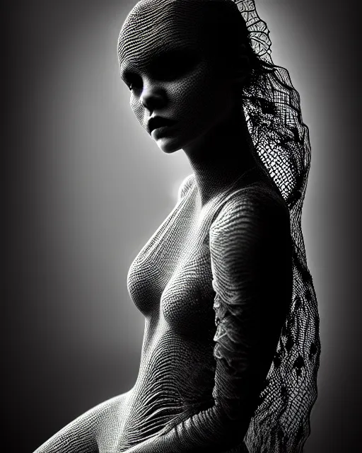 Prompt: surreal mythical dreamy dark artistic black and white fine art photo of a beautiful young female angel - mermaid - cyborg covered with translucent algae lace web, rim light, cinematic, studio dramatic light, poetic, octane render, 8 k, photo - realistic, by floria sigismondi