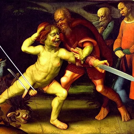 Image similar to renaissance painting of a goblin being slain by a sword, colorful