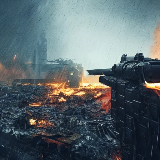 Image similar to semi futuristic trench warfare, war, explosions, heavy machine gun fire, flame and fire, unreal engine, octane render, cinematic, epic, rainy stormy night, chaotic, 8k, ultra detailed, Artstation, Trending on Artstation, Artstation HQ, Artstation HD, deviant art, Pinterest, digital art, reflections,