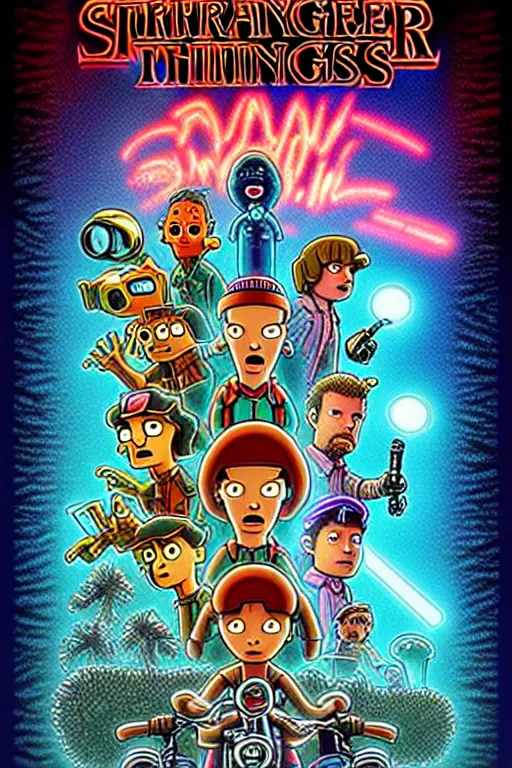 Image similar to animated version of Futurama Stranger Things poster by Matt Groening, cartoon, detailed faces, high resolution, hyper detailed, intricate, illustrated, dramatic lighting !n-9