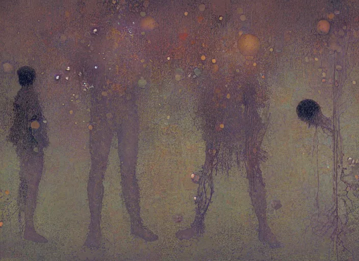 Prompt: figures in the mist, in the style dustin yellin, of yoshitaka amano, ljuba popovic, miles johnston, agnes pelton, moebius, salmon khoshroo, lee griggs, timothy von rueden, odilon redon, miles johnston, klimt,