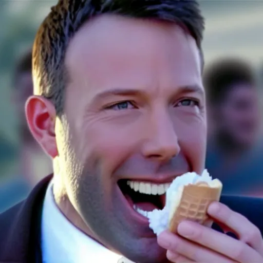 Prompt: A still of Ben Affleck's Batman smiling while eating an ice cream, 4k, ultra realistic, detailed, award winning