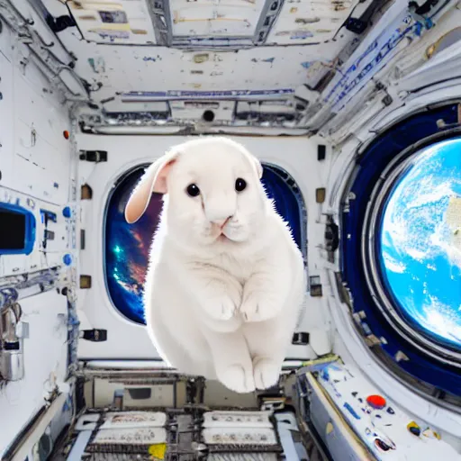 Prompt: a cute labrador putty white rabbit floating inside the international space station, realistic, professional photography, 4 k, sharp lens, focus, depth of field