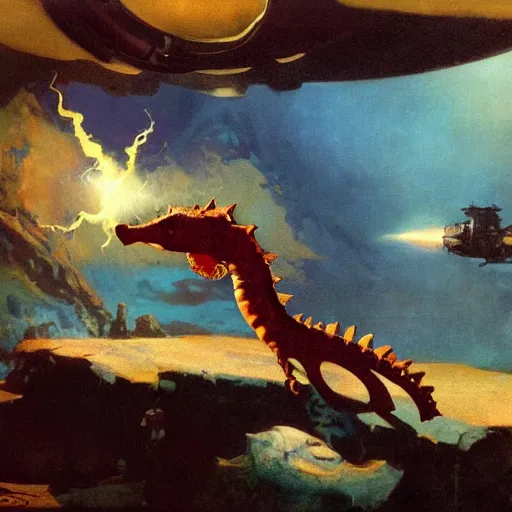 Prompt: a seahorse made of wood, 8 k resolution matte painting by frazetta and john howe, trending on artstation a boy looks into a futuristic spaceship that explodes with electricity of cosmic density andredo, 8