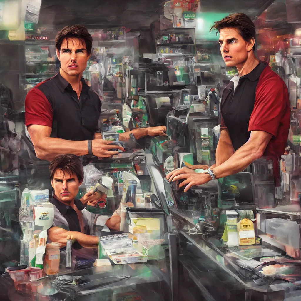 Image similar to Tom Cruise working as a 7/11 cashier, macro, dramatic, artstation, 8k, HD