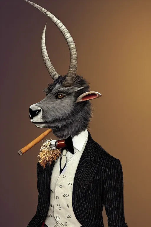 Prompt: beautiful portrait commission of a male furry anthro mountain goat wearing a pinstripe suit and waistcoat, smoking a cigar, award-winning, detailed, trending on artstation