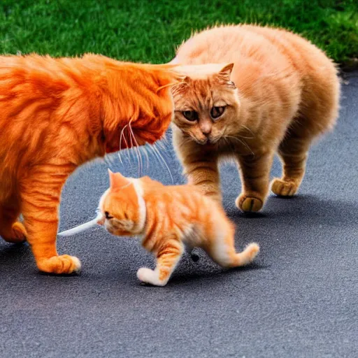 Image similar to a giant fat orange cat chasing and scaring a group of small dogs