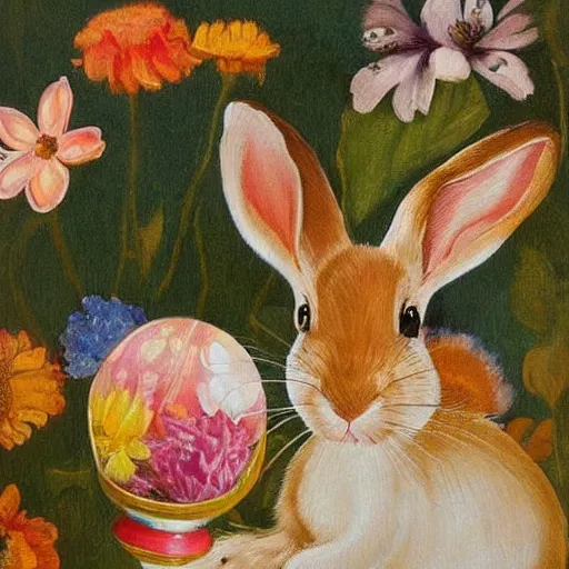 Image similar to The painting is a beautiful and playful work that perfectly encapsulates the artist\'s unique style. The painting features a rabbit made out of ceramic, which is surrounded by brightly colored flowers. The work is both charming and sophisticated, and it is sure to bring a smile to any viewer\'s face. hygge, inverted colors by Hendrick Avercamp, by Matti Suuronen, by Tom Thomson eclectic