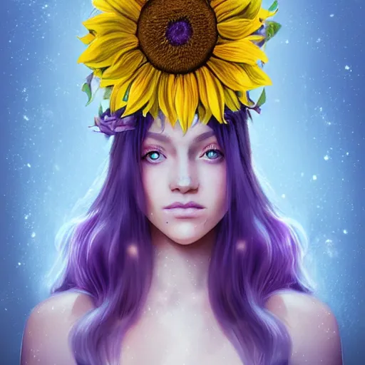 Image similar to a beautiful stunning matte digital portrait illustration of a blue-eyed woman with freckles and violet hair wearing a yellow sunflower crown, in the style of Ross Tran, trending on artstation, contest winner