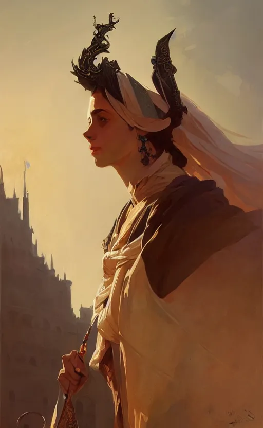 Prompt: a personification of the country saudi arabia, highly detailed, digital painting, artstation, concept art, sharp focus, illustration, art by greg rutkowski and alphonse mucha