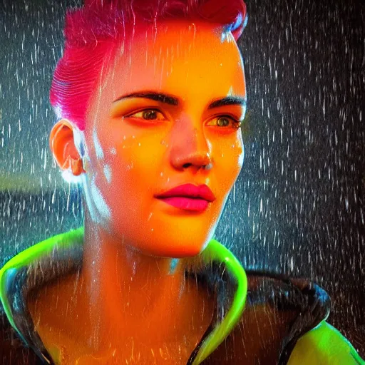 Prompt: cartoon portrait made out of rain, neon colors, rendered in octane, unreal engine, highly detailed, realistic, beautiful, emotional, trending on artstation, epic cinematic scene