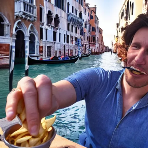 Prompt: man eating chips in venice, selfie