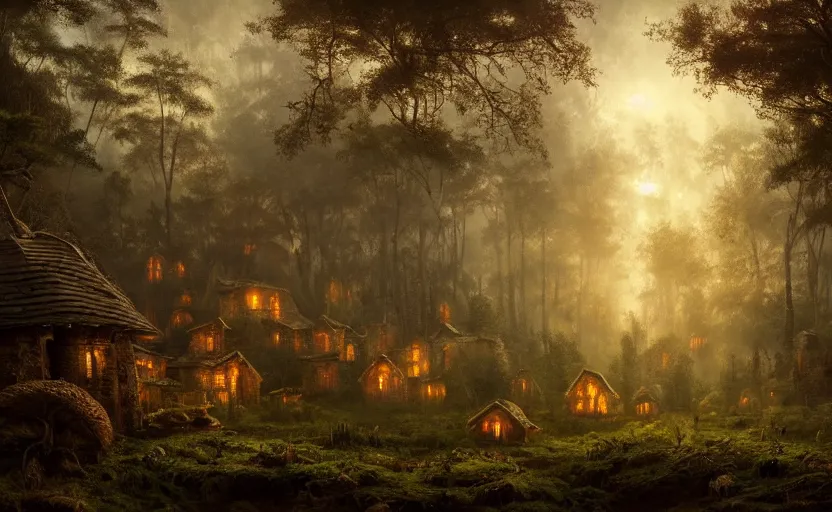 Prompt: A mushroom house close to the camera in the foreground, mushroom houses village in the distance, light coming from the windows, in a dark forest, macro, underexposed, overecast, mysterious matte painting by greg rutkowski and marc simonetti and Ivan Shishkin