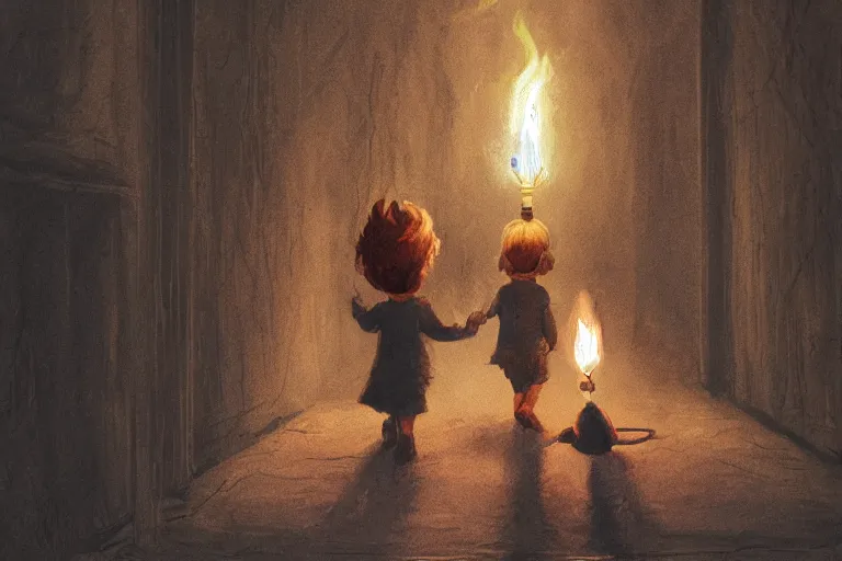Image similar to art of a small child carefully holding a torch through a hallway filled with nightmarish monsters