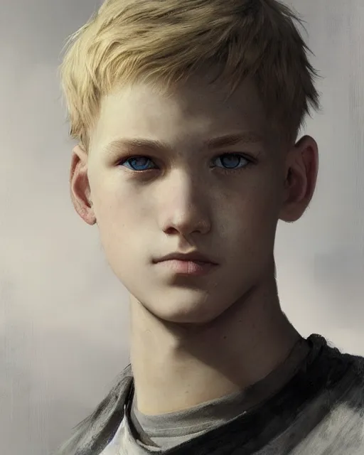 Image similar to portrait of 1 5 - year - old boy, with slender, white - blond hair, cold grey eyes, a pale complexion with sharp and pointed features, hyper realistic face, beautiful eyes, fantasy art, in the style of greg rutkowski, intricate, hyper detailed, smooth