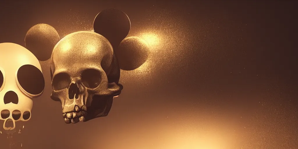 Image similar to mickey mouse with a human skull for a head. occult photorealism, UHD, amazing depth, glowing, golden ratio, 3D octane cycle unreal engine 5, volumetric lighting, cinematic lighting, cgstation artstation concept art